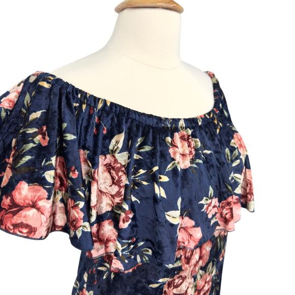 LuLaRoe Cici Crushed Velvet Midi Dress Sz M Navy Floral Off Shoulder Ruffle NWT - Picture 5 of 15